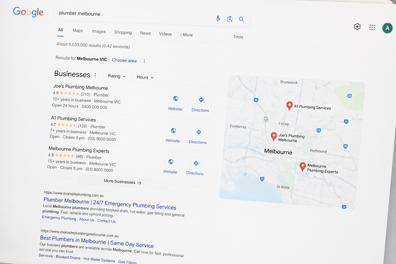 A Melbourne business ranking in Google local search results